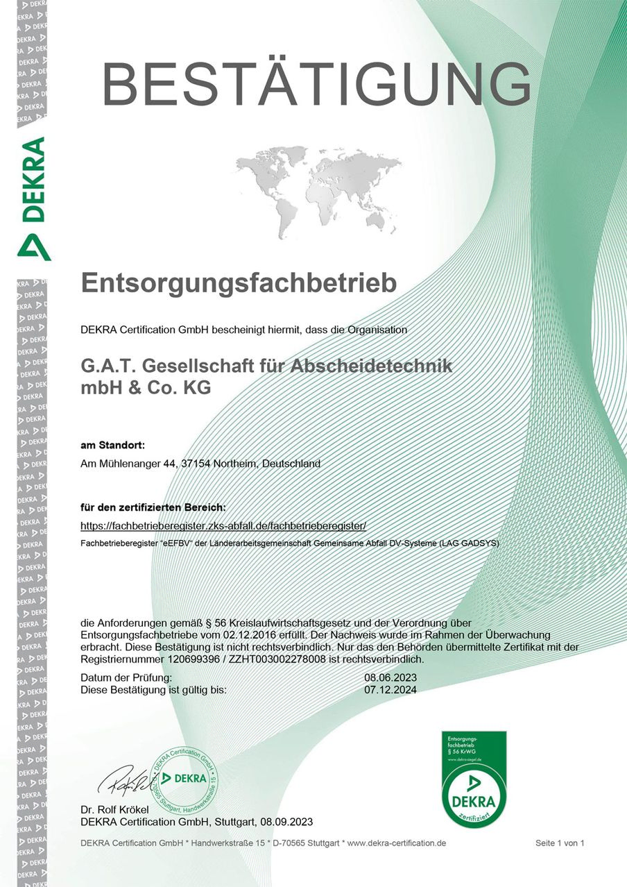 GAT mbH & Co.KG Entsorgungsfachbetrieb und Abscheidetechnik Zertifikate