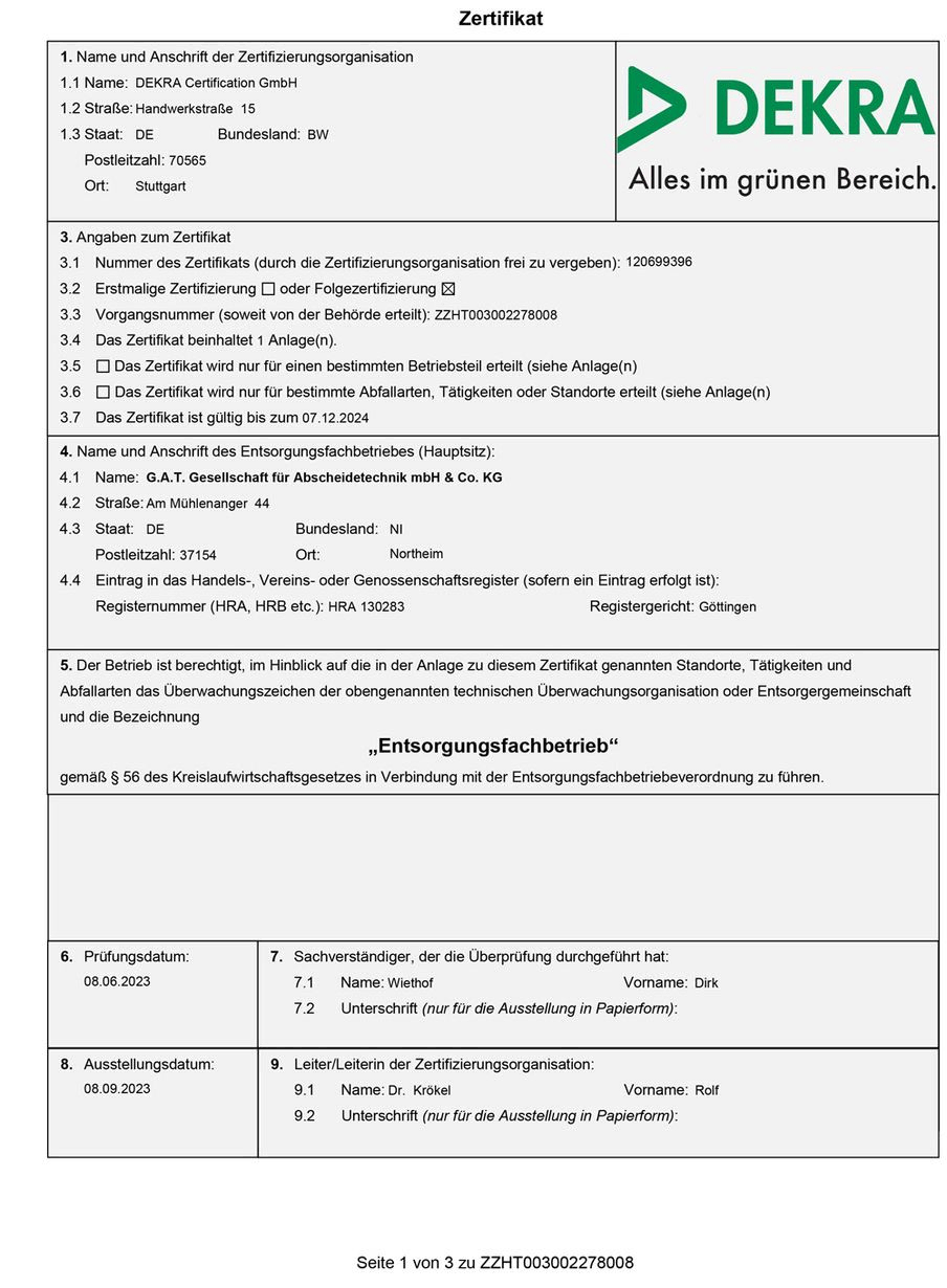 GAT mbH & Co.KG Entsorgungsfachbetrieb und Abscheidetechnik Zertifikate 08