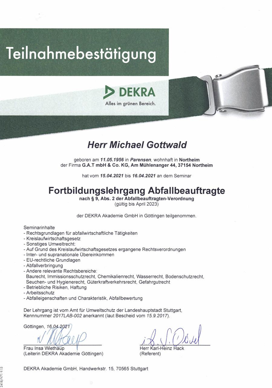 GAT mbH & Co.KG Entsorgungsfachbetrieb und Abscheidetechnik Zertifikate 08