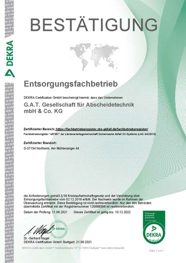 GAT mbH & Co.KG Entsorgungsfachbetrieb und Abscheidetechnik Zertifikate 10