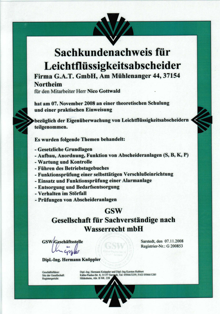 GAT mbH & Co.KG Entsorgungsfachbetrieb und Abscheidetechnik Zertifikate 02