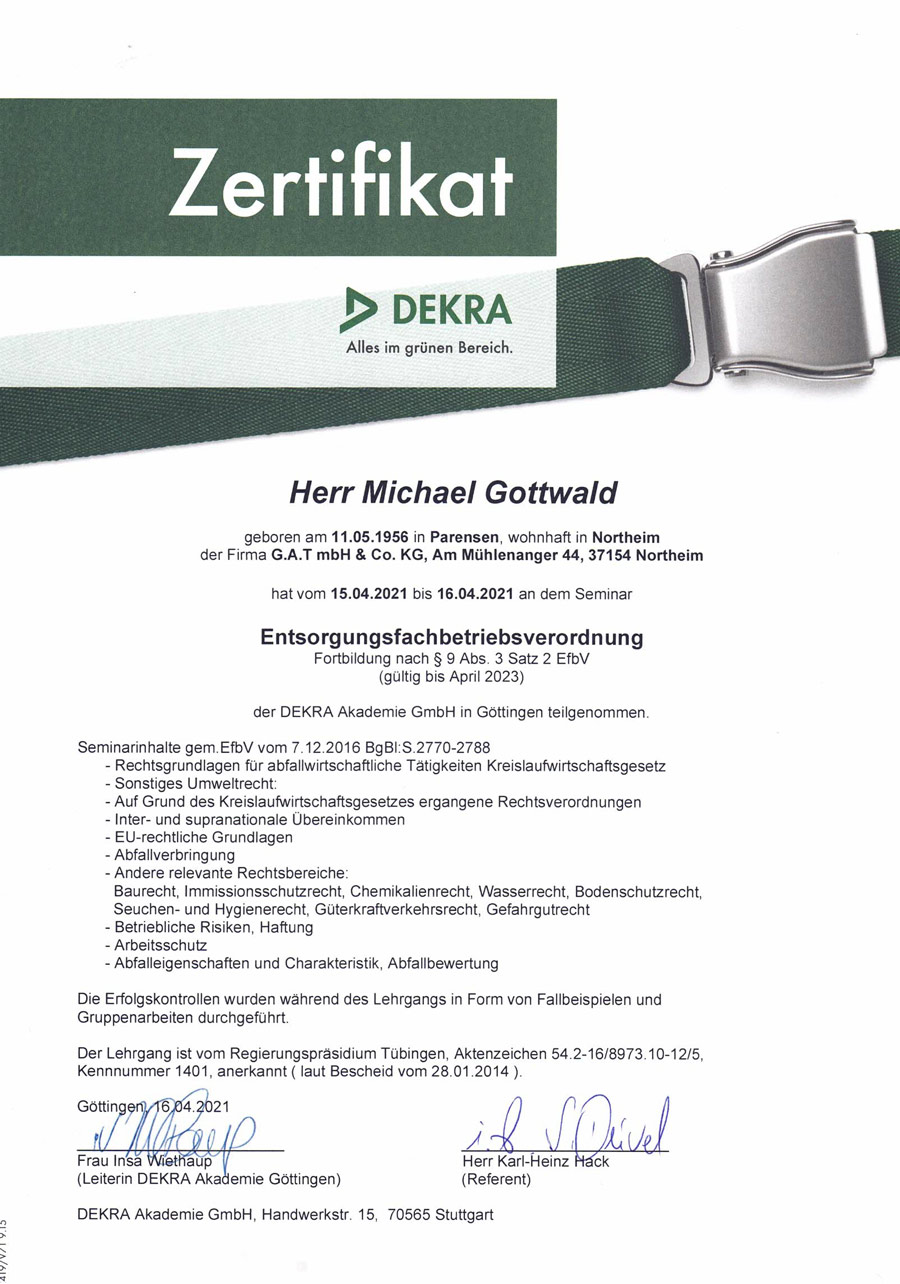 GAT mbH & Co.KG Entsorgungsfachbetrieb und Abscheidetechnik Zertifikate 11