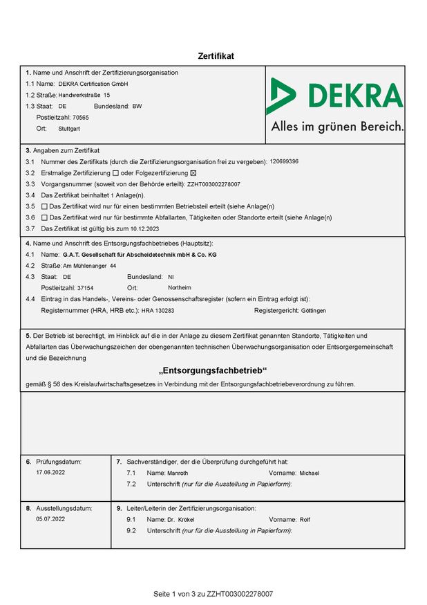 GAT mbH & Co.KG Entsorgungsfachbetrieb und Abscheidetechnik Zertifikate 08