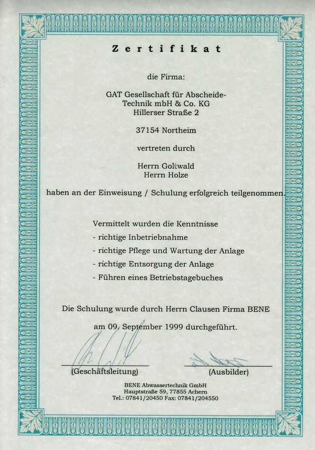 GAT mbH & Co.KG Entsorgungsfachbetrieb und Abscheidetechnik Zertifikate 03