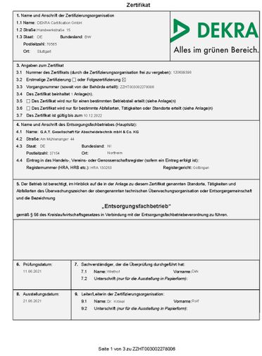 GAT mbH & Co.KG Entsorgungsfachbetrieb und Abscheidetechnik Zertifikate 09